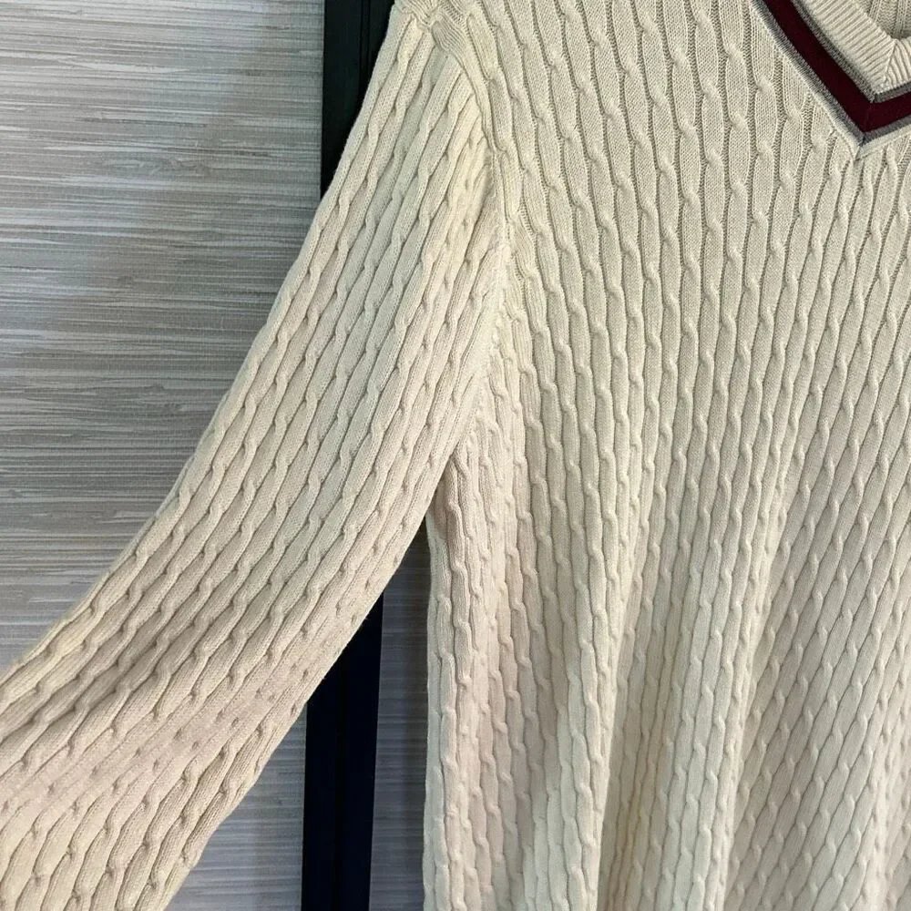 Austin Reed London silk cotton cashmere V-neck cream cable knit sweat sweater lo